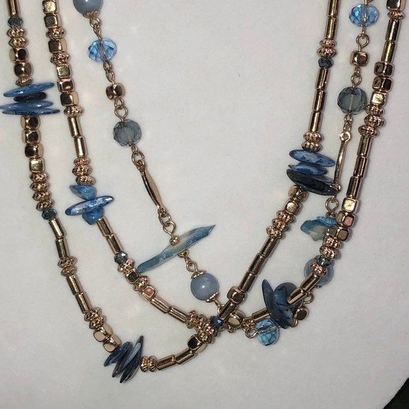 Very Long Triple Strand Goldtone & Blue Painted Shells Necklace 36” - Picture 4 of 12